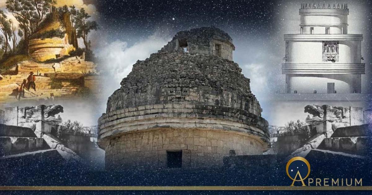 Caracol Collage, created by the author:  The Observatory in 2023; photo by author, Starry sky background compliments of Felix Mittermeier, Pixabay, To the upper left is the lithograph of El Caracol by Frederick Catherwood, 1844, To the upper right is the recreation of El Caracol at Chichén Itzá by artist J.S. Bolles, 1935, Flanking the Caracol are two heads of K’uk’ulkan, photos from Ruppert, Karl, The Caracol at Chichen Izta (sic) Yucatan, Mexico, Carnegie Institution of Washington, 1935.