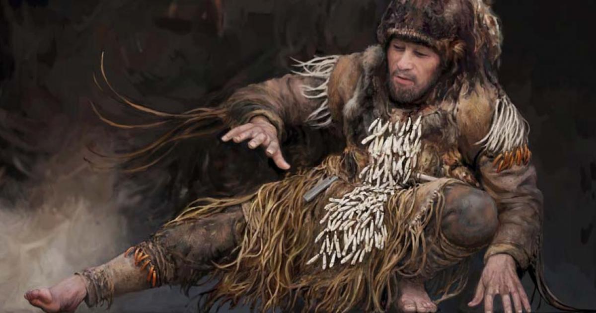 Adult male from grave 76a in Yuzhniy Oleniy Ostrov drawn as if he were alive during a dance session with 140 elk teeth on his chest, waist, pelvis, and thighs rattling rhythmically and loudly.  