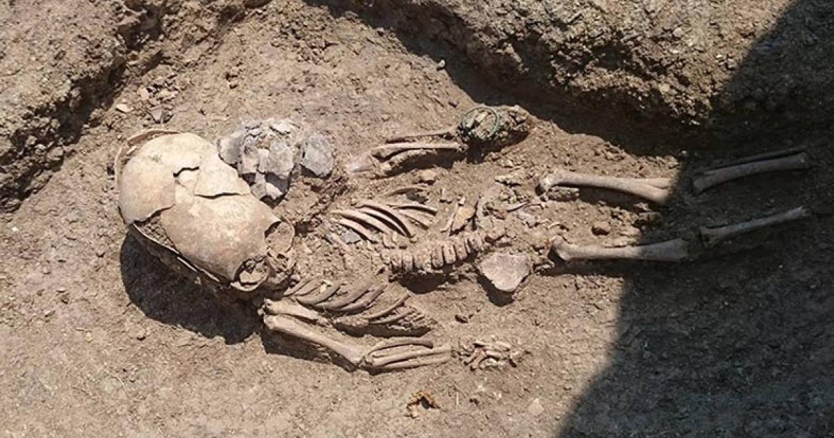 The remains of the toddler with an elongated skull in Crimea. Credit: Archaeology Fund