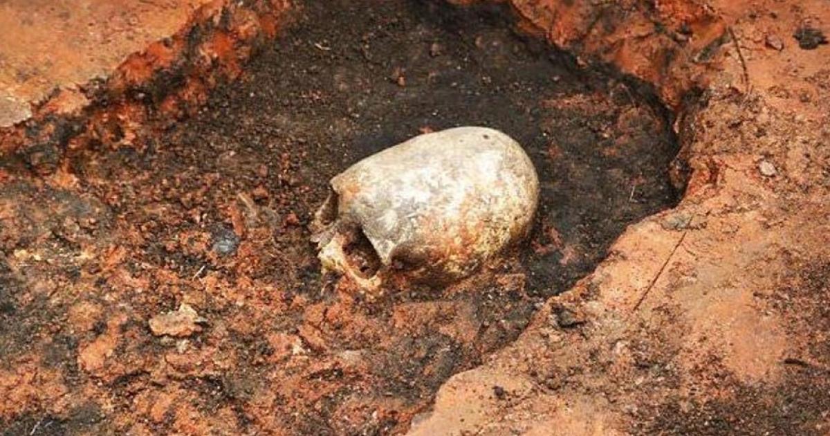 Elongated skull being unearthed, Arkaim, Russia 