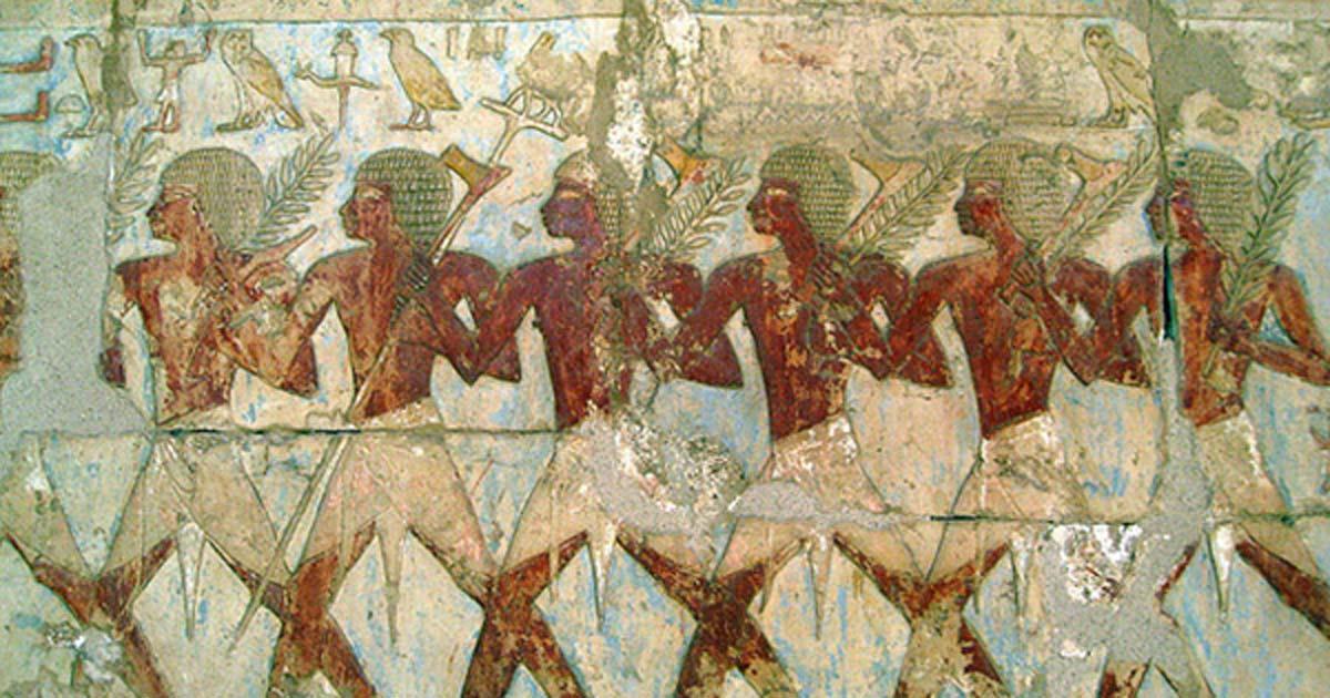 Members of Hatshepsut's trading expedition to the mysterious 'Land of Punt' from this pharaoh's elegant mortuary temple at Deir El-Bahri.