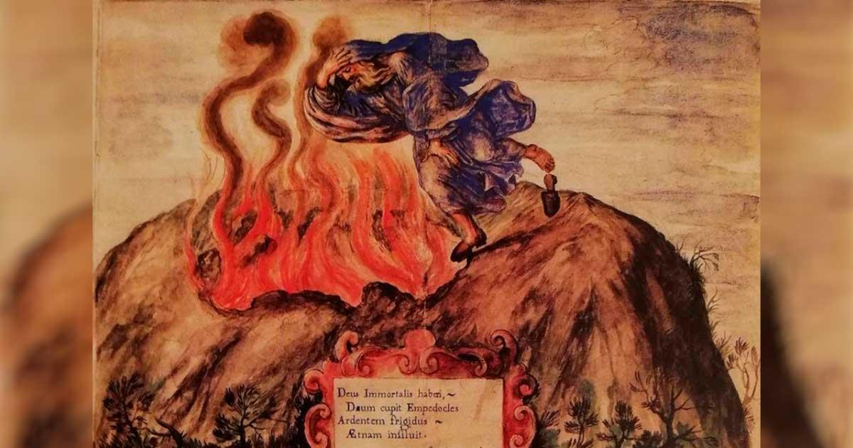 Medieval depiction of Empedocles of Acragas throwing himself into Mount Etna. Source: Public domain