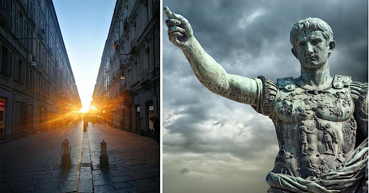 Left:  A team of scientists have found an alignment that occurs between the rising Sun and a major street in Turin that was constructed around 28 BC. (Guido Cossard) Right: Statue of Emperor Octavian in Rome. (fabiomax / Adobe stock)
