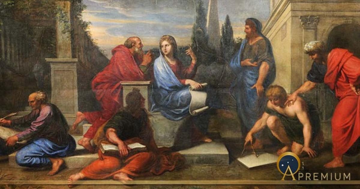 Aspasia surrounded by Greek philosophers, by Michel Corneille the Younger  (1670) Versailles (Public Domain)