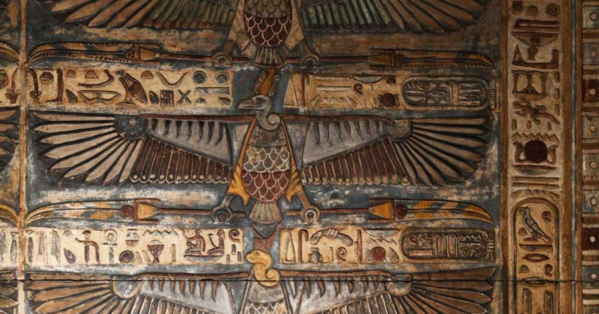 This ceiling, covered with images of the cobra goddess Wadjet, was just one of the reliefs that were brought back to life by the Esna temple restoration project.		Source: Ministry of Tourism and Antiquities