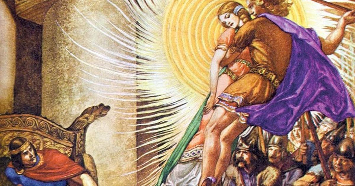 Midir and Etain flying up out of Eochaid's hall