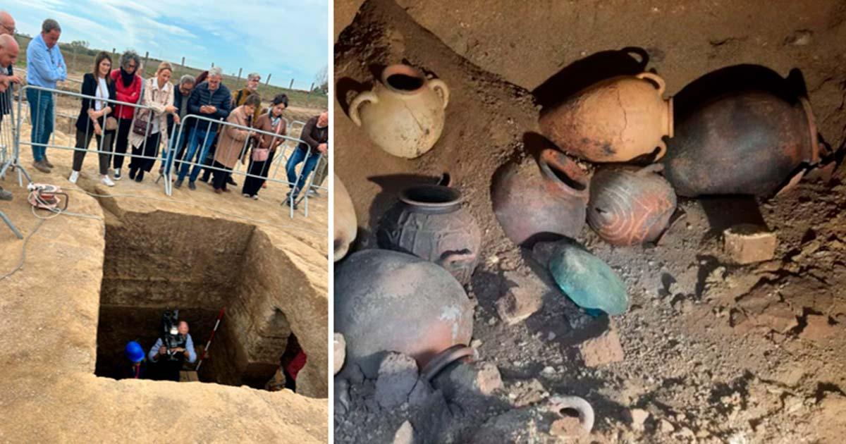 Left; Archaeologists at the opening of the Etruscan tomb dating back to the 7th century BC at the Osteria necropolis in Vulci, Italy.  Right; Artifacts in the tomb. Source: Municipality of Montalto di Castro