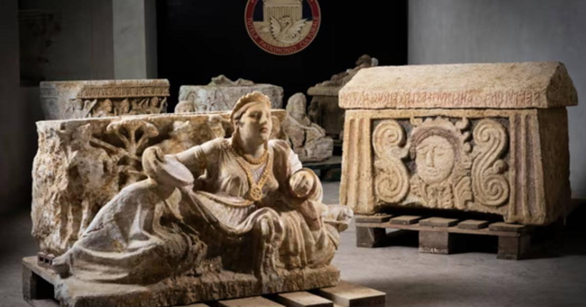 Ornate Etruscan artifacts that were seized by Italian police.