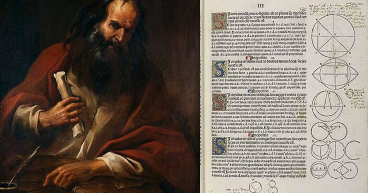 Left, Painting of Euclid. Right, A page first printed edition of Euclid's Elements.           Source: Fondazione Cariplo/CC BY-SA 3.0; Erhard Ratdolt /CC BY-SA 4.0
