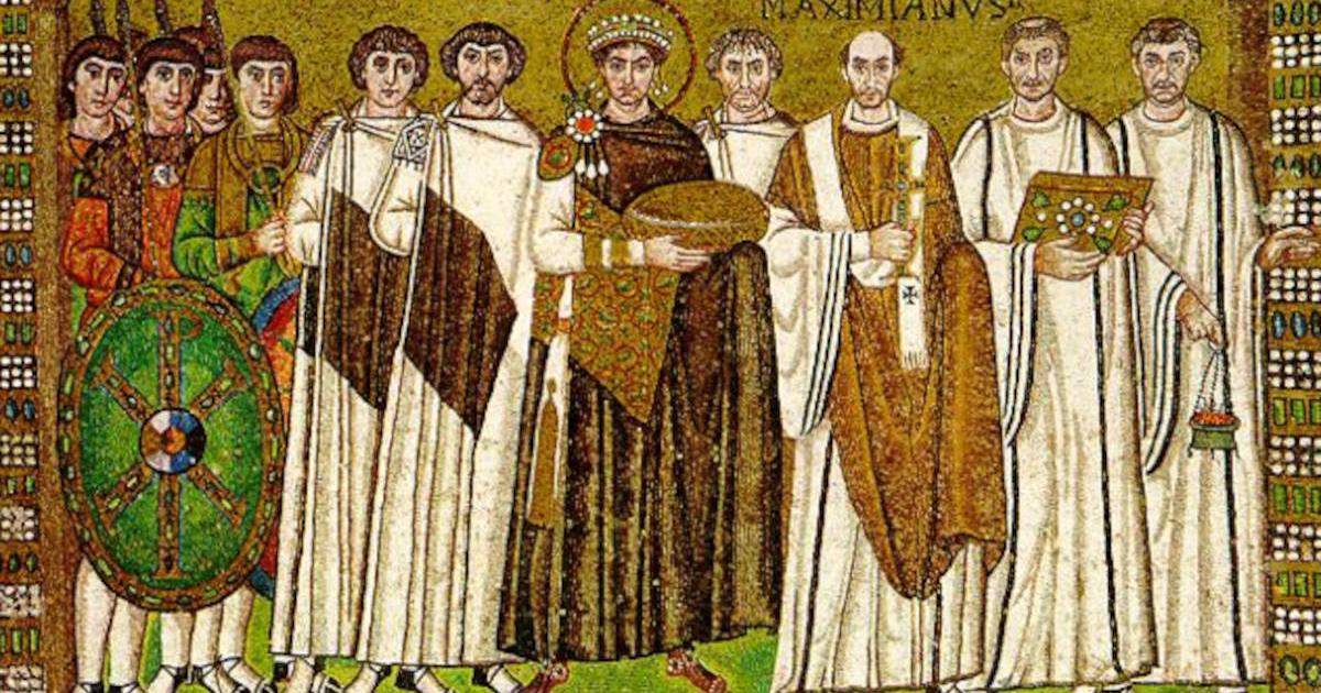 The person to the right of the haloed emperor Justinian is thought to be the eunuch Narses, a powerful Byzantine general