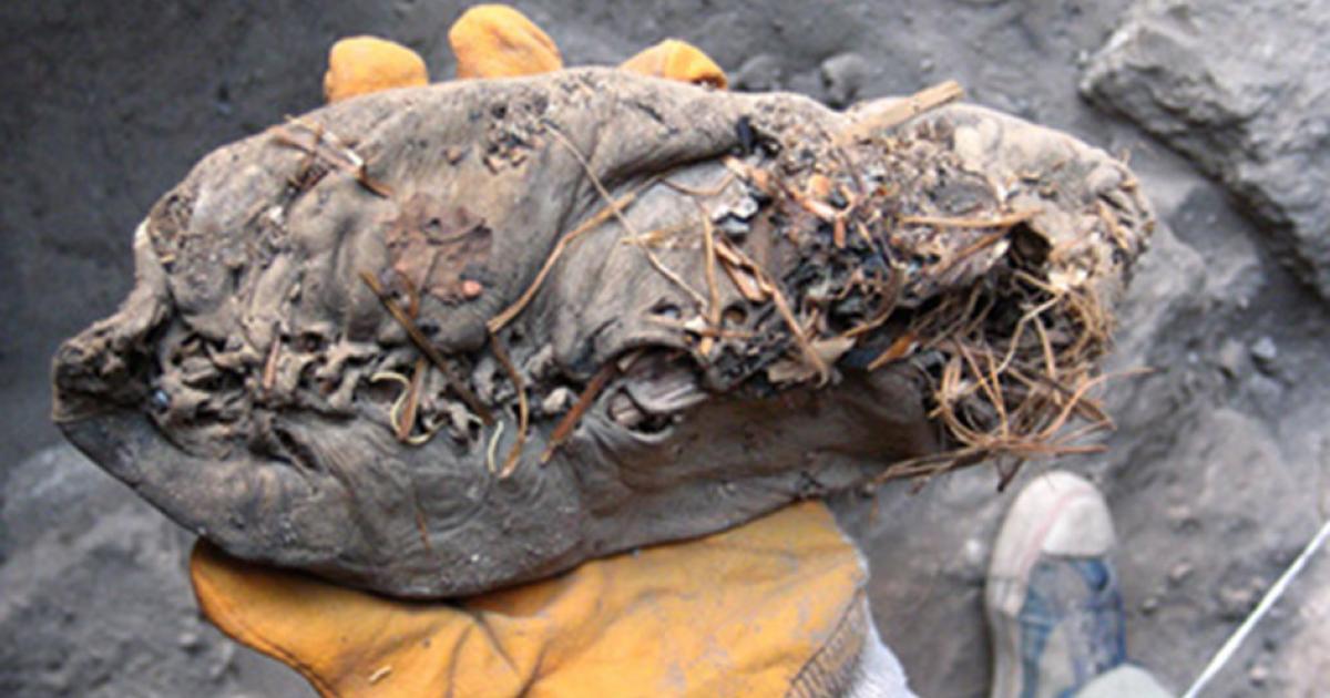 5500-year-old shoe in hand of researcher 