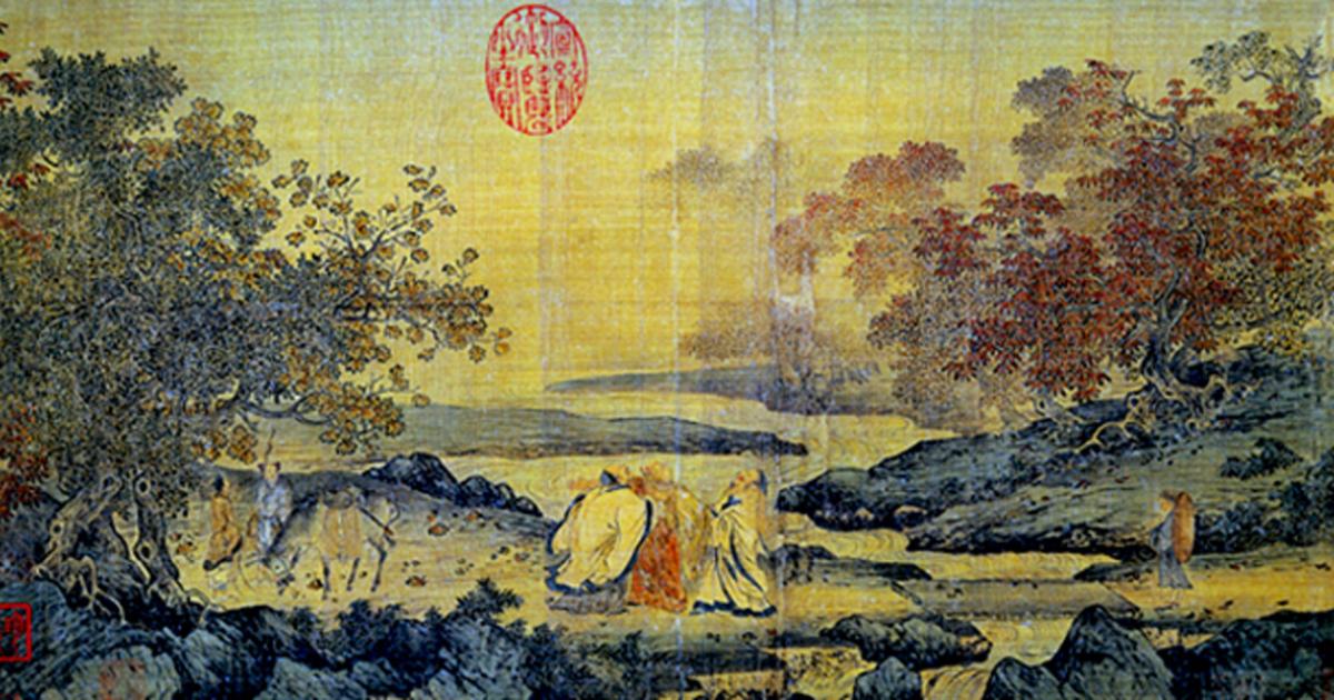 Confucianism, Taoism, and Buddhism are one, a painting in the litang style portraying three men laughing by a river stream, 12th century, Song dynasty. 