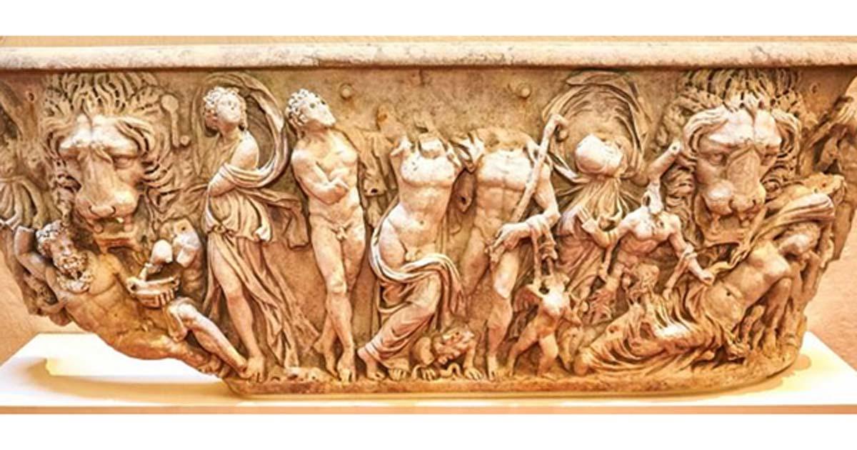 A Roman sarcophagus that was once used as a garden ornament is now restored and displayed in Blenheim Palace. 