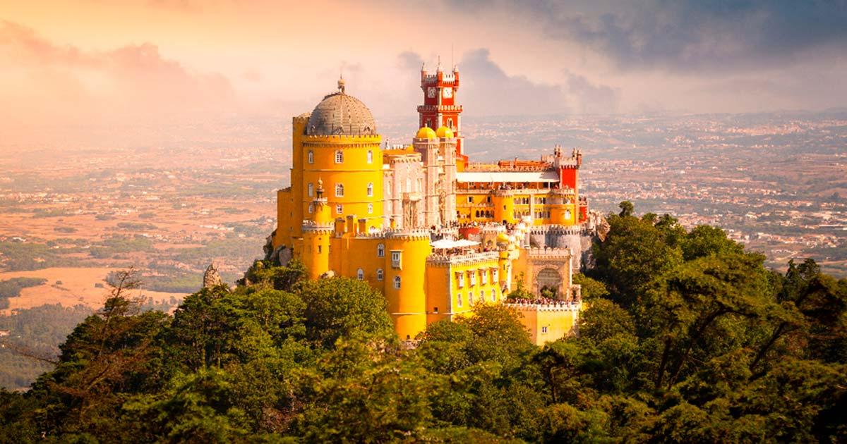Pena Palace at sunset, Sintra, Portugal. Source: onnybas / Adobe Stock