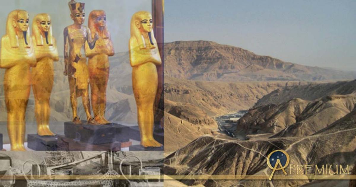 This collage shows the Valley of the Kings, statuettes of funerary deities and the Antechamber of the tomb of Tutankhamun.