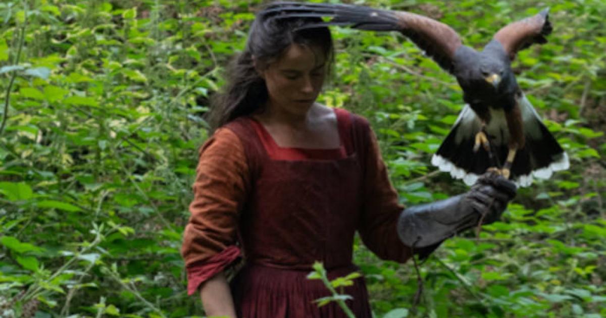 Agnes Hathaway (Jessie Buckley) and her hawk in Hamnet.