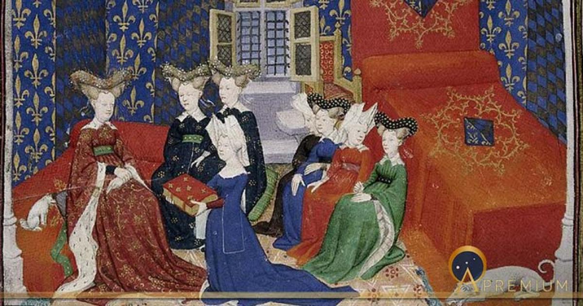 Christine de Pisan presenting her book to queen Isabeau of Bavaria. Illuminated miniature from The Book of the Queen (various works by Christine de Pizan) (Public Domain)