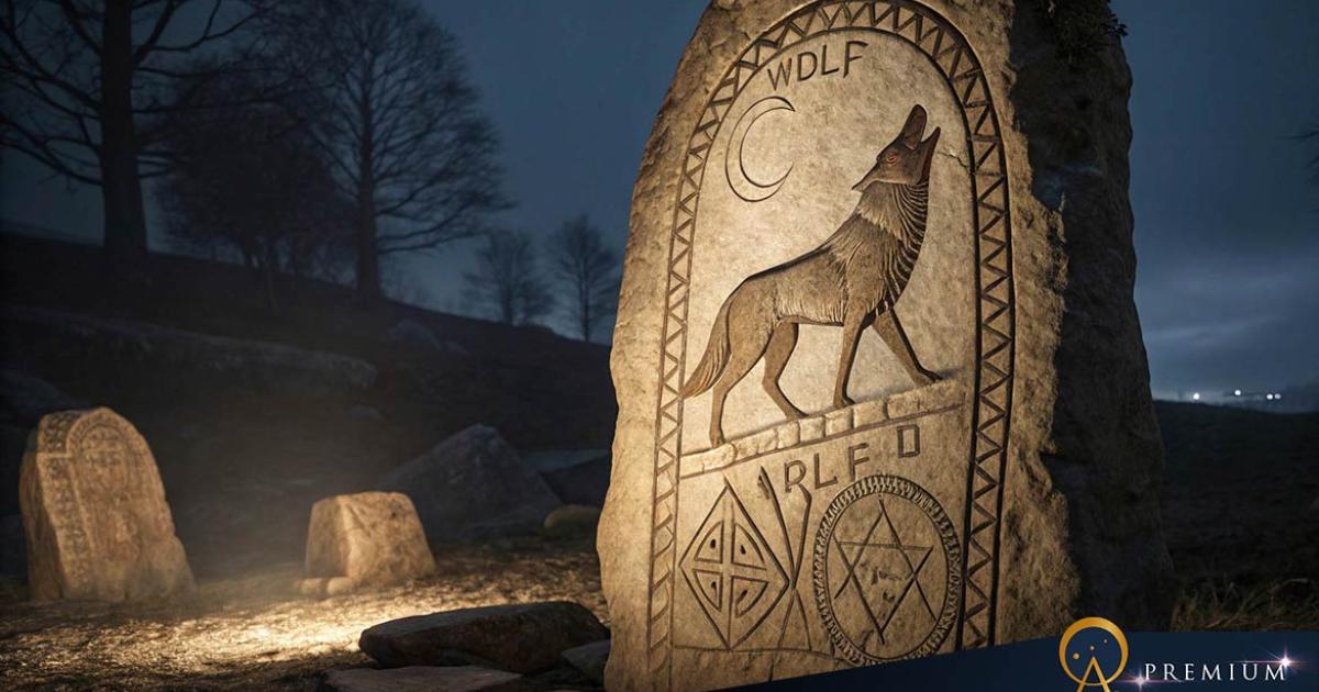 Ancient Norse rune stone carving showing wolf figures 