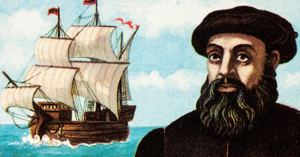 Portrait of Ferdinand Magellan and his ship Trinidad on postage stamp