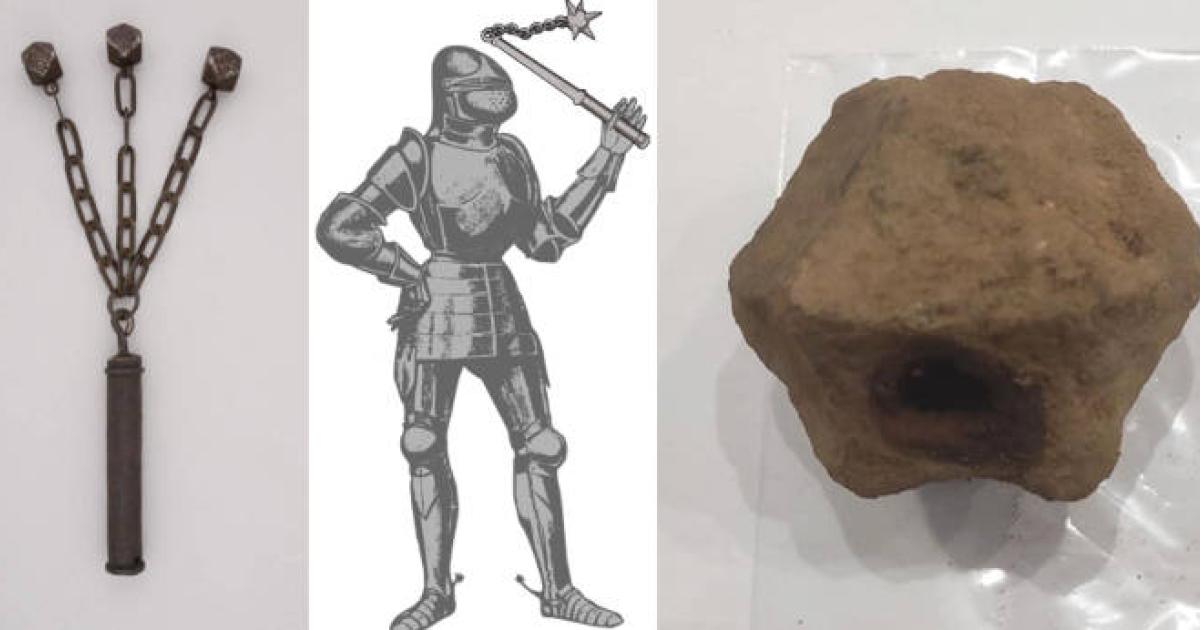 A medieval flail, a drawing of a knight with a flail, and the part of the flail-like weapon found.
