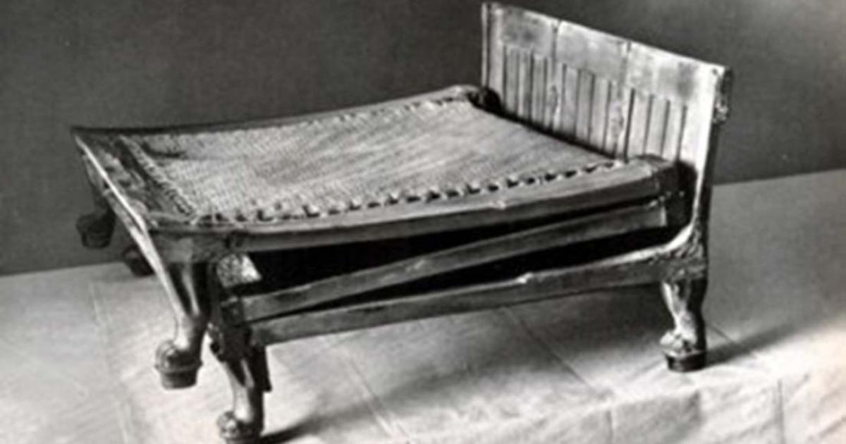 Photo of camping bed found in Tutankhamun tomb. By Harry Burton