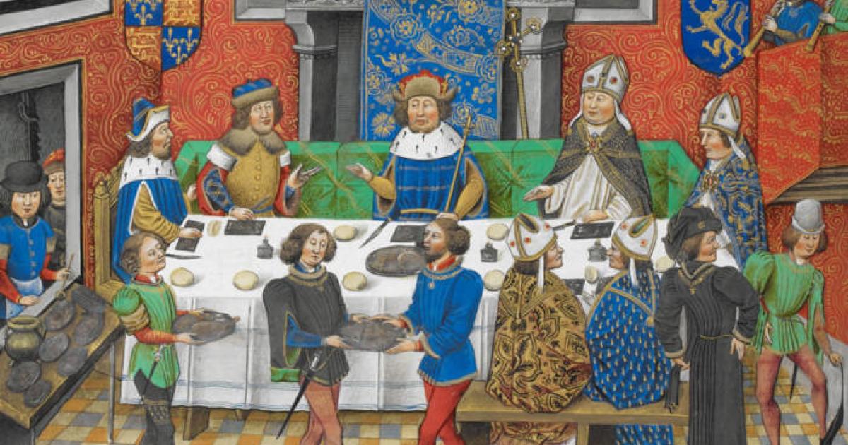 Illustration of John of Gaunt, Duke of Lancaster, dining with John I, King of Portugal, in 1386