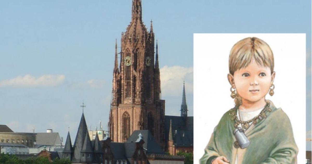 Main: The west tower of the Frankfurt Imperial Cathedral, under which were interred two Medieval children, one with a Christian burial the other a pagan burial. 