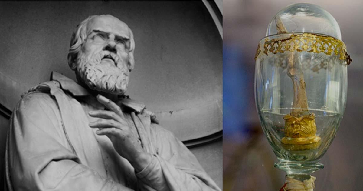 The statue of Galileo Galilei outside the Uffizi colonnade in Florence and Galileo’s middle finger, Museo Galileo, Florence.  Source: BlackMac/Adobe/Stock, Zde/CC BY-SA 4.0