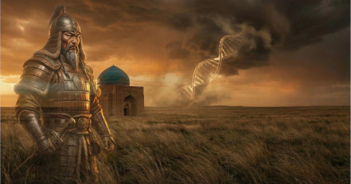 Genghis Khan on the Steppe by a mausoleum building.