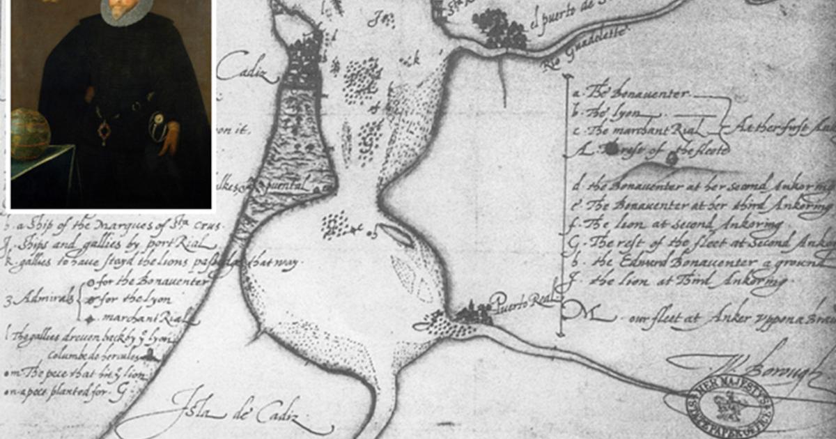 Map of Sir Francis Drake's attack on the Spanish fleet in Cádiz, 1587, drawn by his second-in-command William Borough. Inset portrait of Drake.  