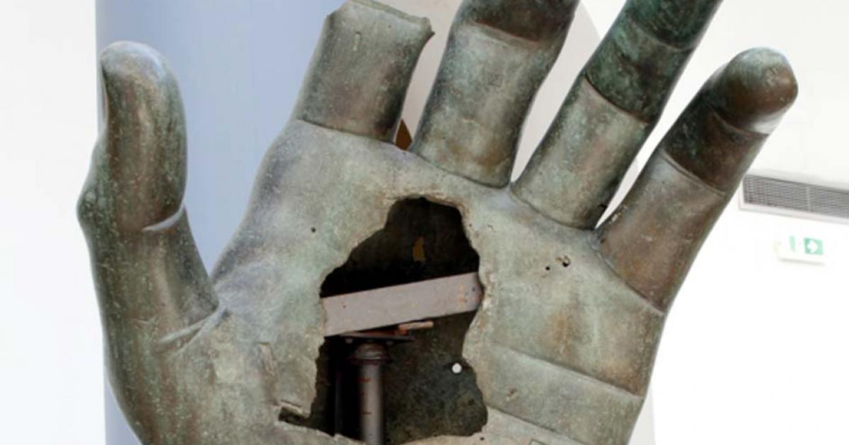 The hand missing its index finger from a monumental bronze statue of Constantine.