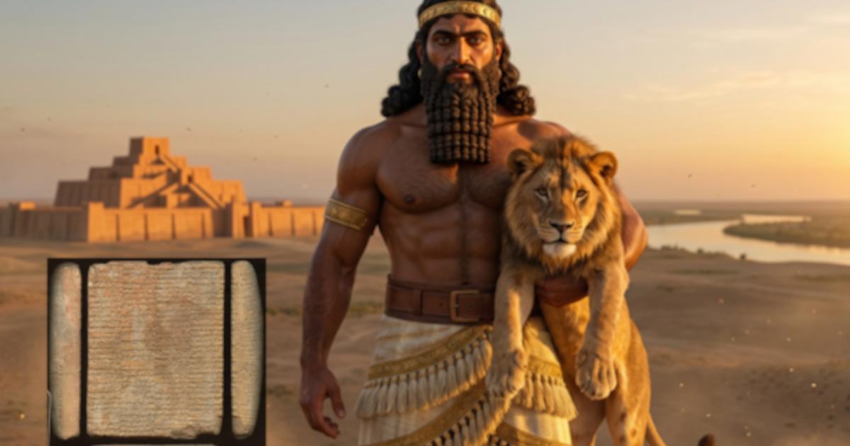 Image portraying a likeness of Gilgamesh, with insert of a cuneiform tablet.