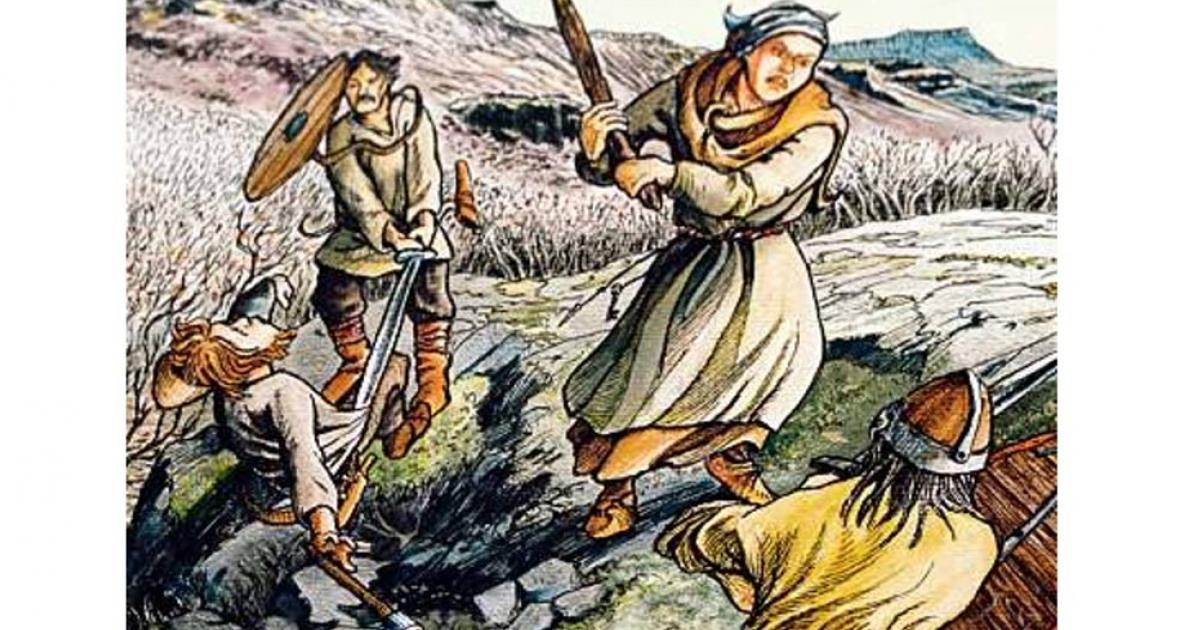 From the Gisla Saga: When Eyjólfur and his men attacked Gísli in overwhelming numbers, Gísli’s wife Auður stood by his side, armed with a club.