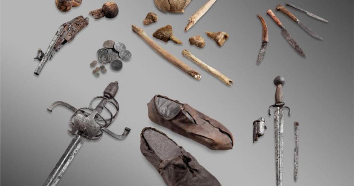 Glacier artifacts. The bones and personal belongings of the "Théodule Pass mercenary”, an unidentified man thought to have fallen into a crevasse above Zermatt in the 17th century. 