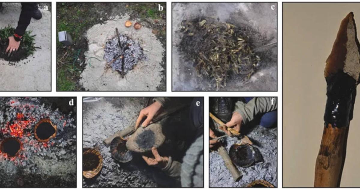 The researchers built and tested a replica of the hearth, and after about four hours of work, they had enough resin to attach two stone points to spears