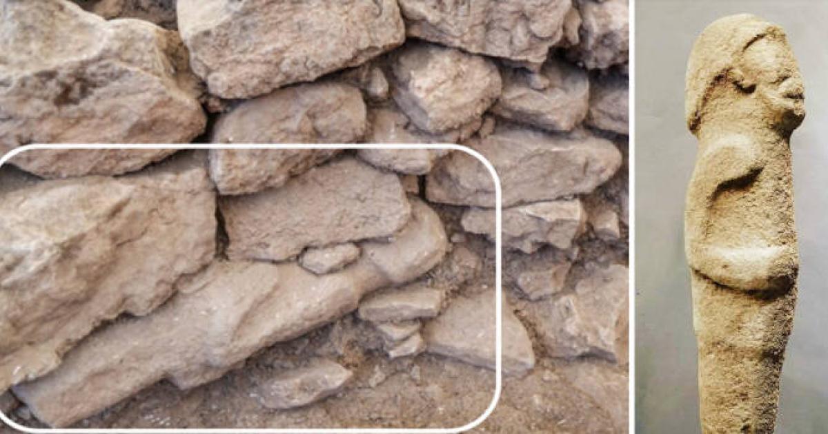 The statue found at the base of a wall at Gobekli Tepe.