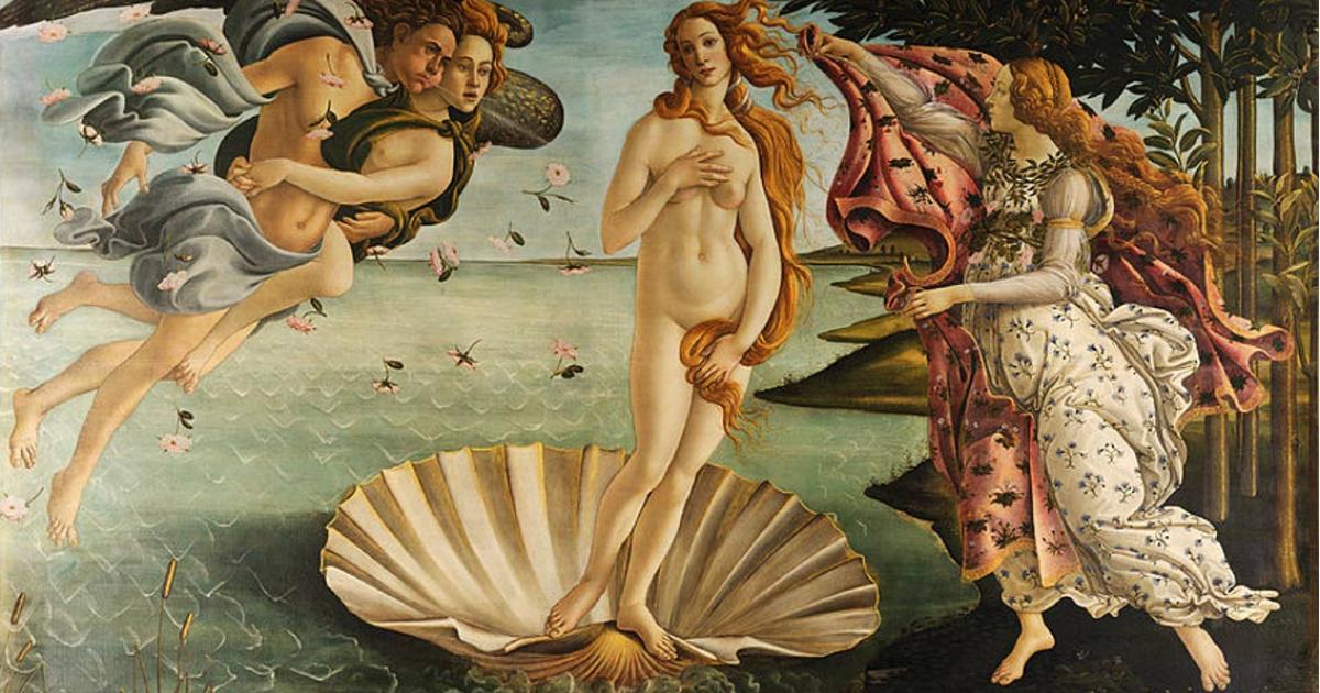 Famous painting depicts the goddess Aphrodite-Venus, having emerged from the sea as a fully grown woman, arriving at the sea-shore. 