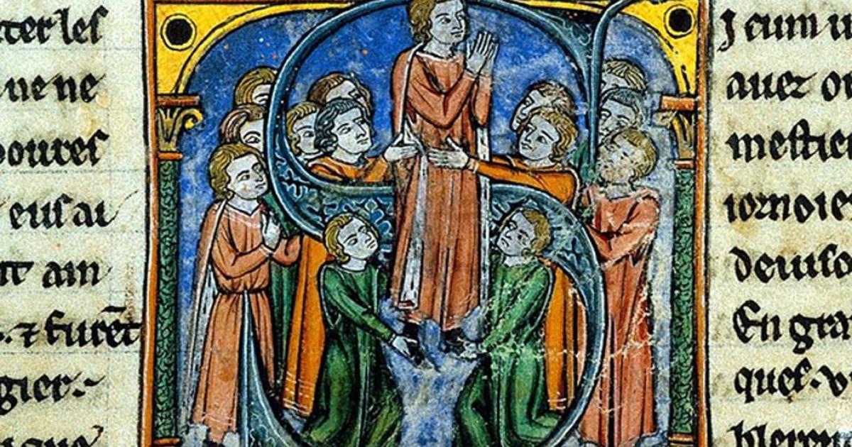 Illustration of Godfrey of Bouillon (central figure) from William of Tyre's Histoire d'Outremer, in the care of the British Museum.