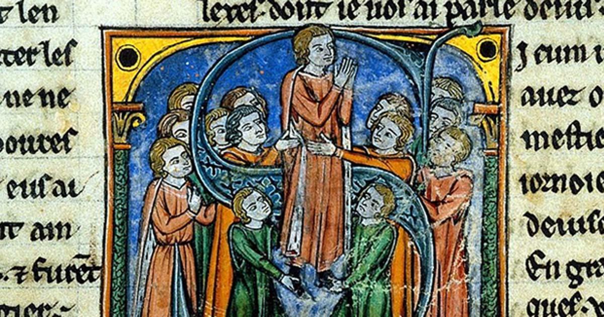 Illustration of Godfrey of Bouillon (central figure) from William of Tyre's Histoire d'Outremer, in the care of the British Museum.