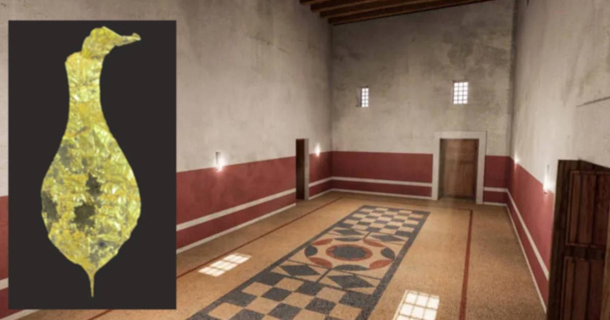 Attempt to reconstruct a room in the house of the garrison commander in Asparos. Inset; the gold votive plaque.