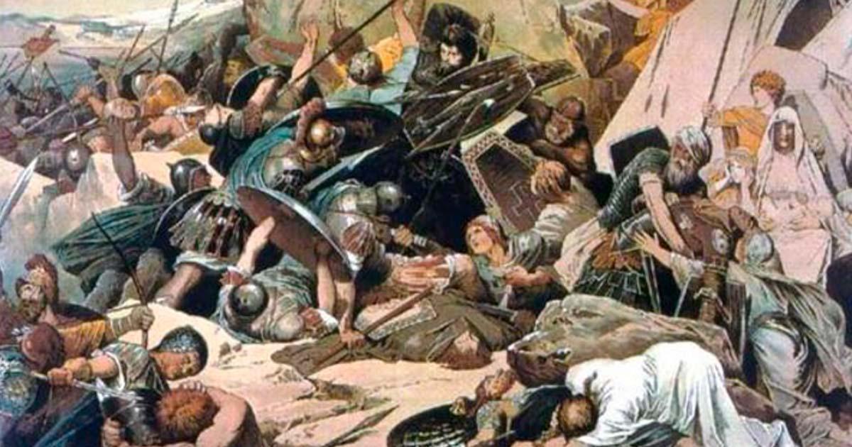 The last battle of the Ostrogoths and the end of their influence was fought on the slopes of Mount Vesuvius in the Battle of Mons Lactarius. Painting from 1890, by Alexander Zick.  Source: Captain Blood/ Public domain