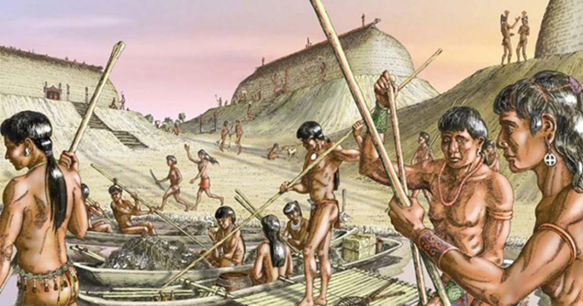 Artist's conception of Calusa people preparing for fishing in the estuary. Source: Image by Merald Clark.