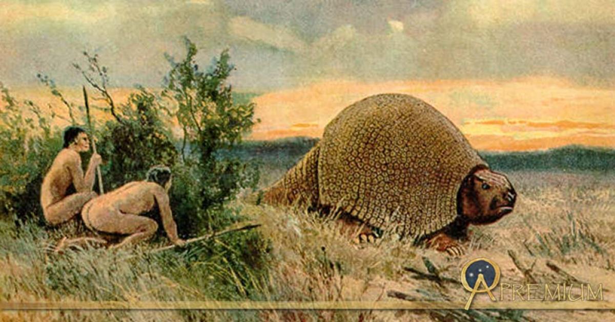 Illustration of Paleo-Indians hunting a glyptodont by Heinrich Harder (1858-1935) 