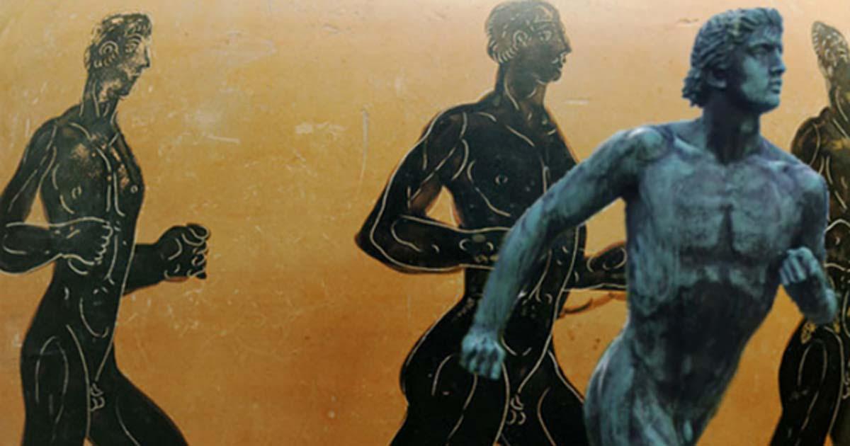  Three runners. Side B of an Attic black-figured Panathenaic prize amphora (Marie-Lan Nguyen/CC BY 2.5) ) and detail of a statue of a Greek runner by Sir William Blake Richmond, in St Peter's Square, Hammersmith, London. (CC BY SA 3.0)