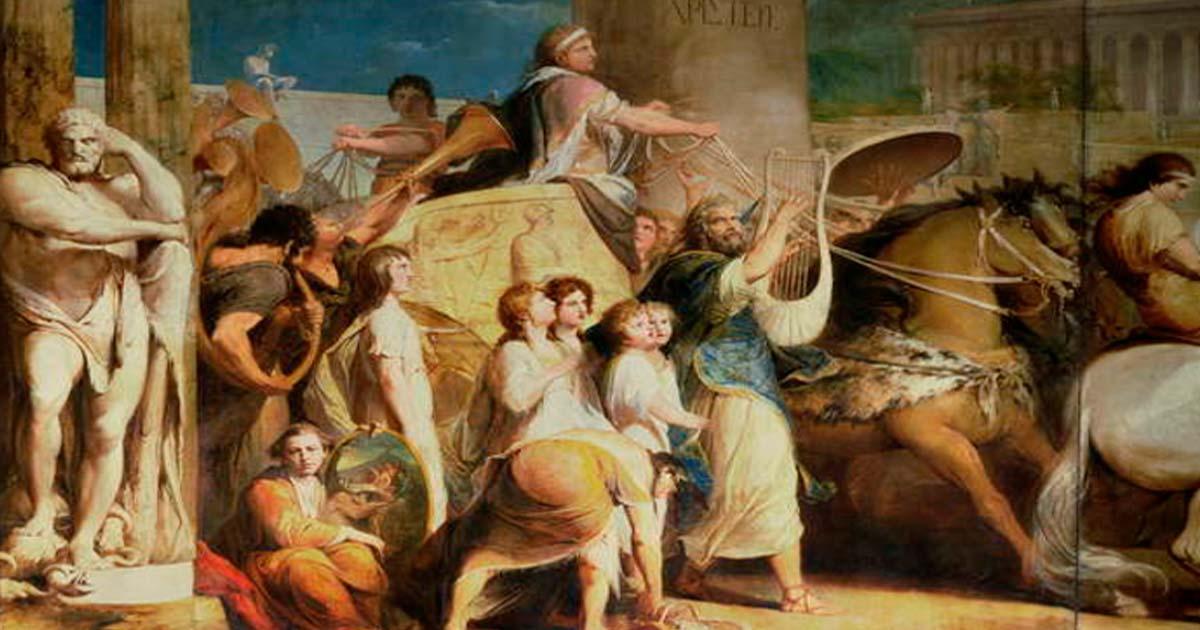 Crowning the Victors at Olympia - Hieron of Syracuse and victors. Source: Public Domain