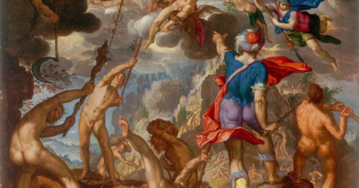 The Battle between the Gods and the Titans by Joachim Wtewael. The beginning of the Greek Gods