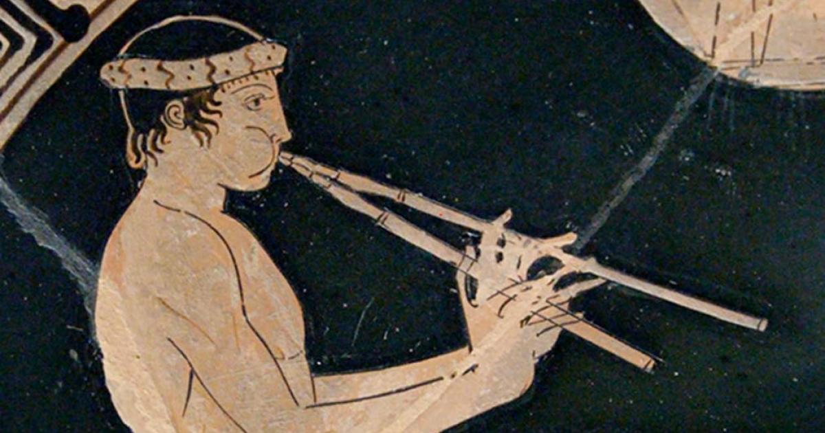 Youth playing the aulos, detail of a banquet scene. Tondo of an Attic red-figure cup, ca. 460 BC–450 BC.