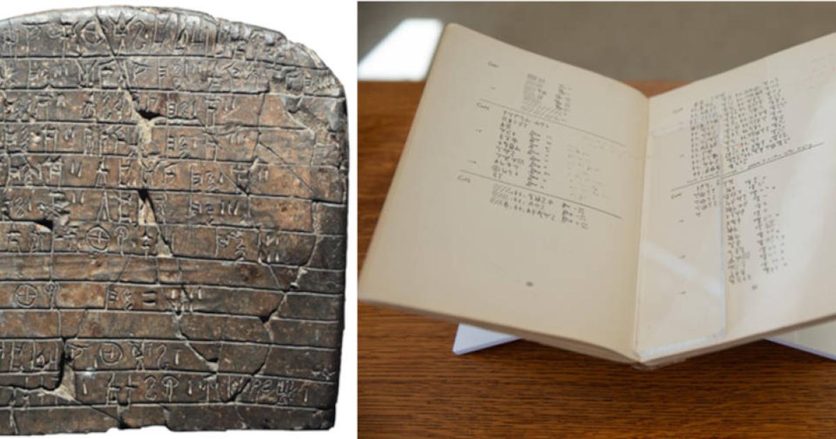 The script Linear B on a clay tablet, and a book containing decipherment notes.