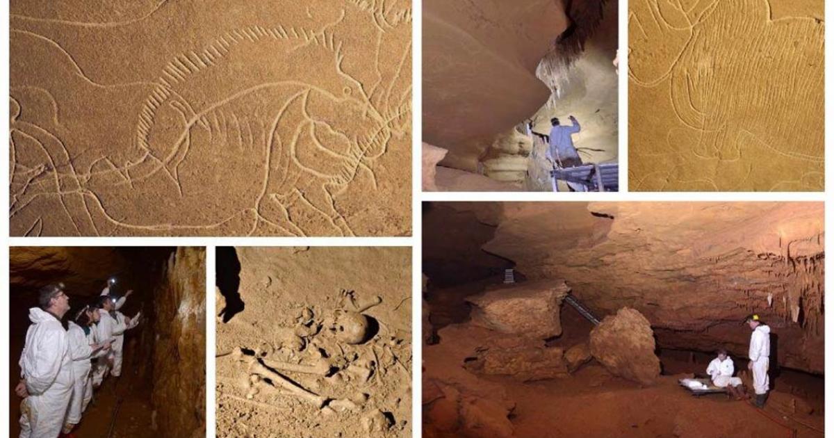 Images from inside Grotte de Cussac in Dordogne, France, showing the cave art and the ancient human remains found within the cave, and of the research team at work.