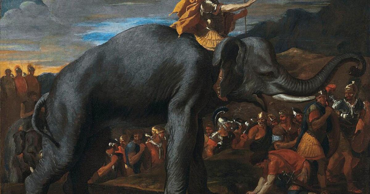 Hannibal crossing the Alps on an elephant, painted by Nicolas Poussin.